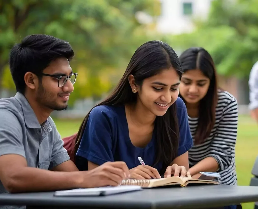 Group of Students Engaging in Study Session in a Peaceful Garden Area