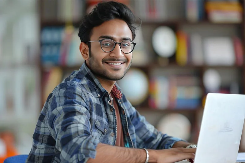 Student Sitting Behind a Laptop in a Study Room